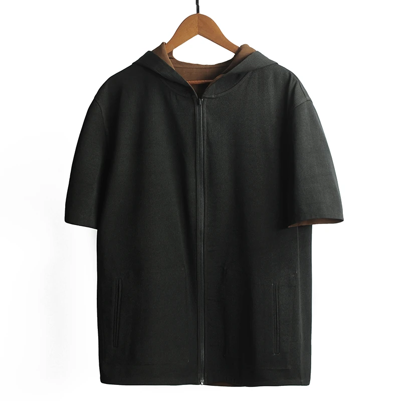 23C605【男款】重磅弹力罗纹绸香云纱桑蚕丝男士轻奢短袖上衣开衫