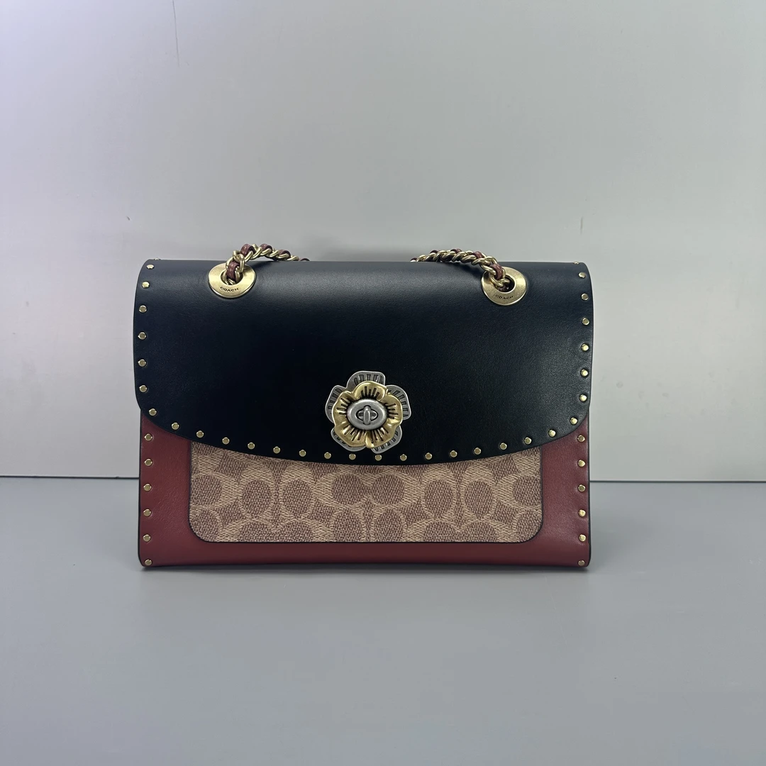 95新 COACH/蔻驰 parker26黑盖铆钉链条包26x18x9cmE052515