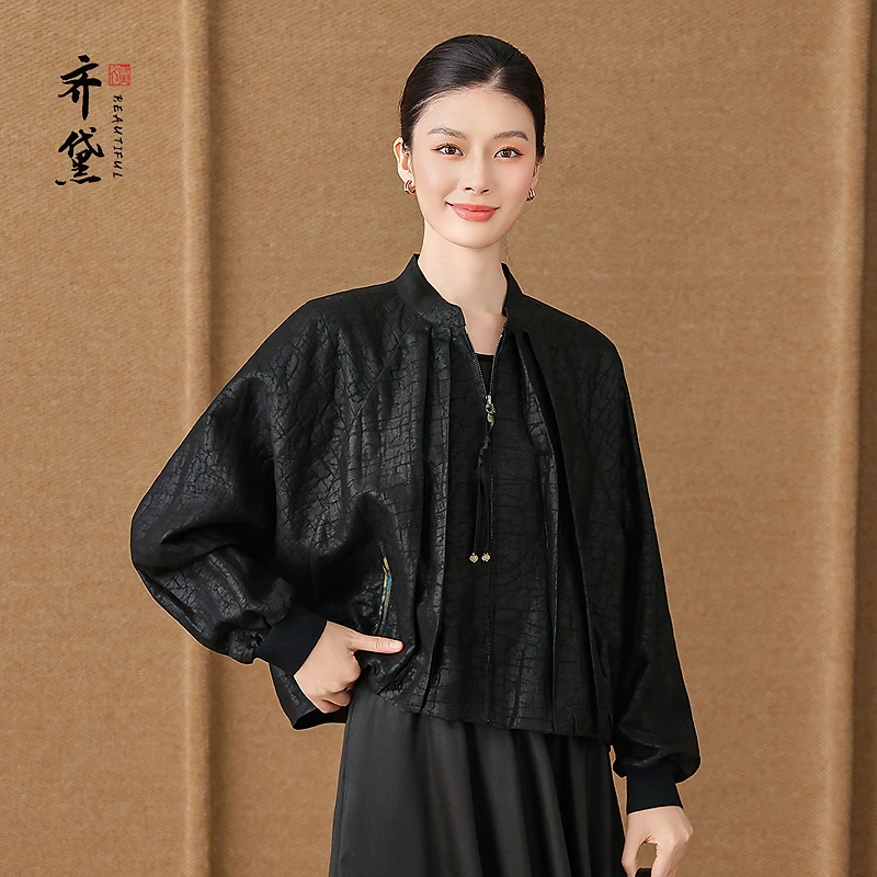 齐黛大牌香云纱上衣女2025新款原创设计洋气真丝外套夹克棒球服