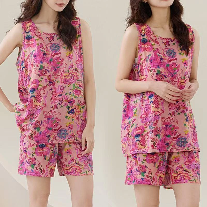 棉绸睡衣女夏季人造棉两件套薄款背心妈妈装家居服无袖套装年青装