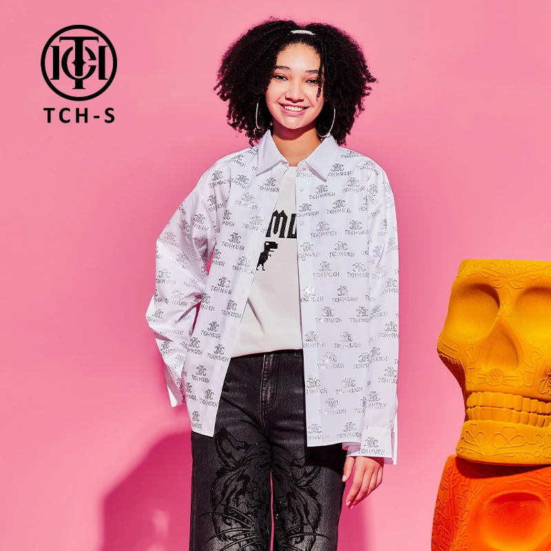 潮牌-TCH潮牌满钻系列休闲百搭款时尚潮流男女白色衬衣S69C136002