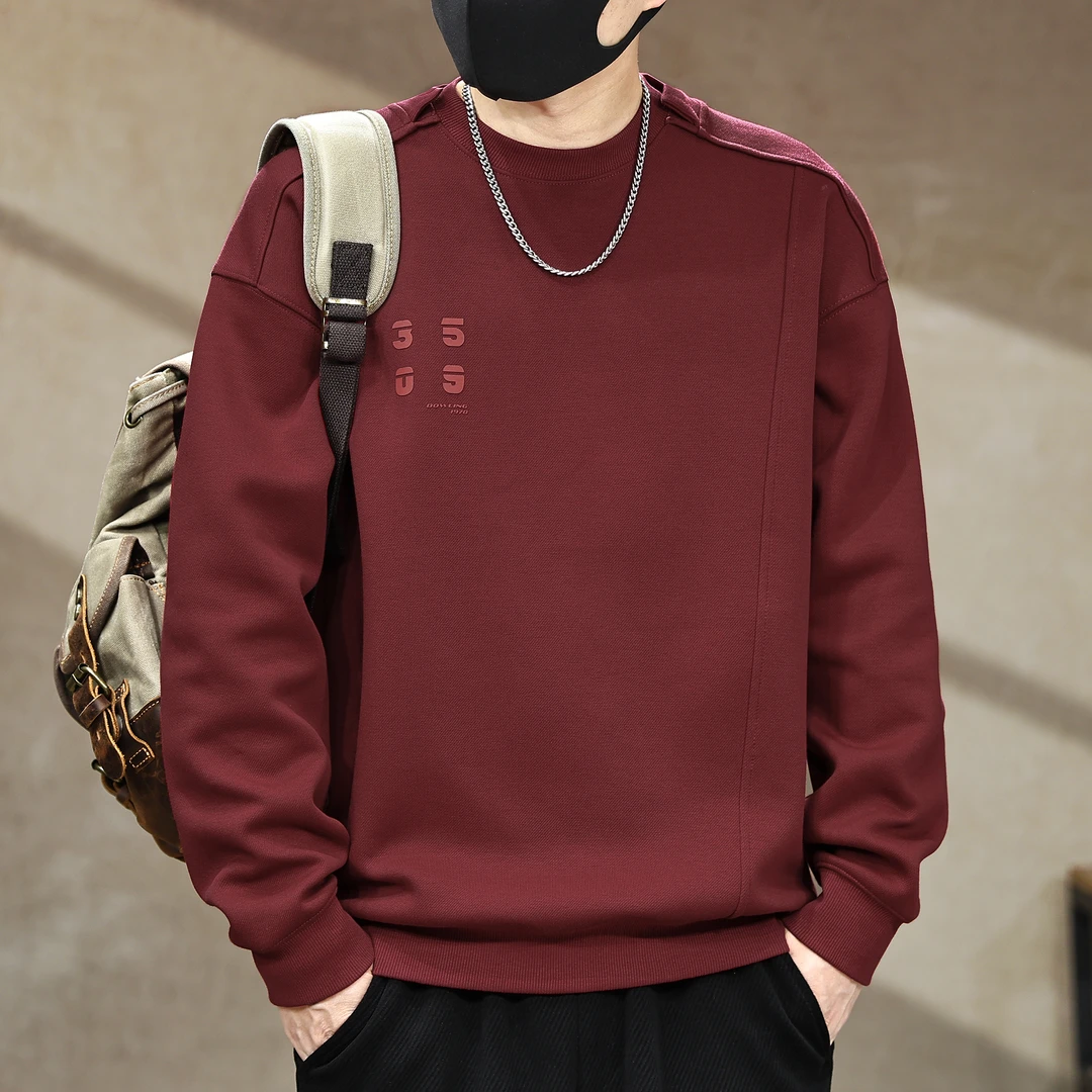 高端日系简约重磅双层领卫衣男秋季新款拼接圆领美式潮牌宽松上衣