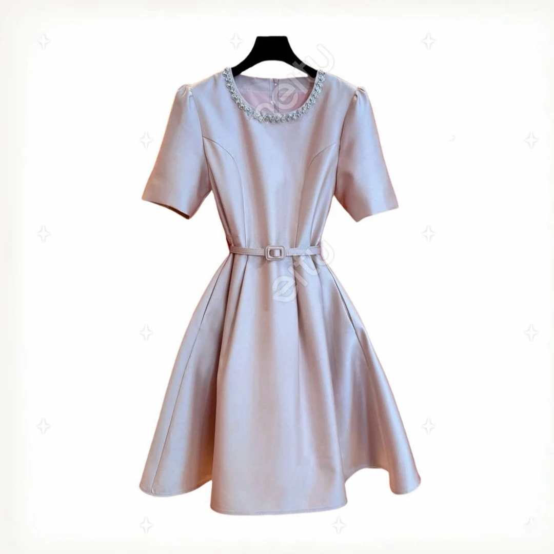 K03-南油高端版本-丝毛裸粉领口钉钻连衣裙