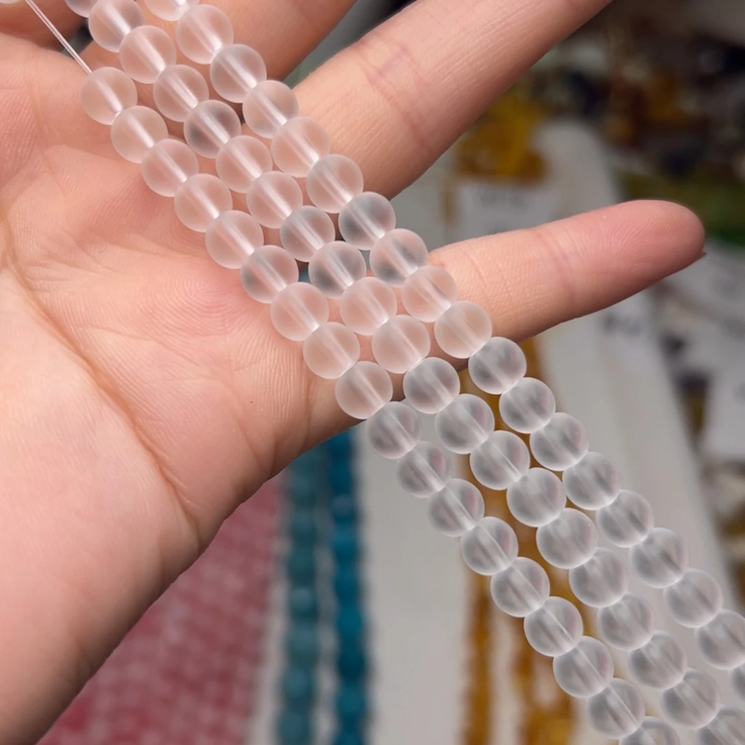 玛瑙/玉髓合金珠宝半成品W721。6.4mm磨砂白水晶圆珠三条