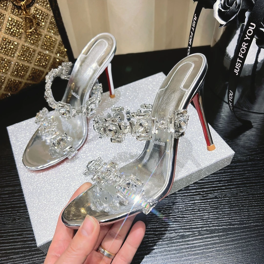 【LVTE心选】2025夏季新款水钻高跟凉鞋女细跟仙女风透明一字带凉拖