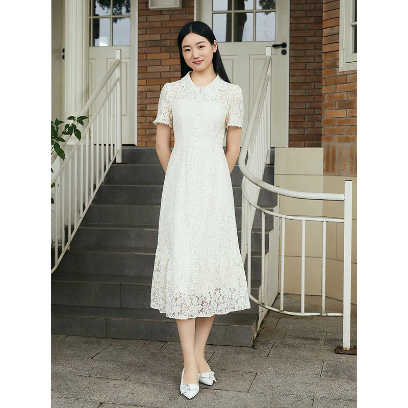 YINER音儿专柜女装2025夏季新款蕾丝翻领气质连衣裙8C65205966