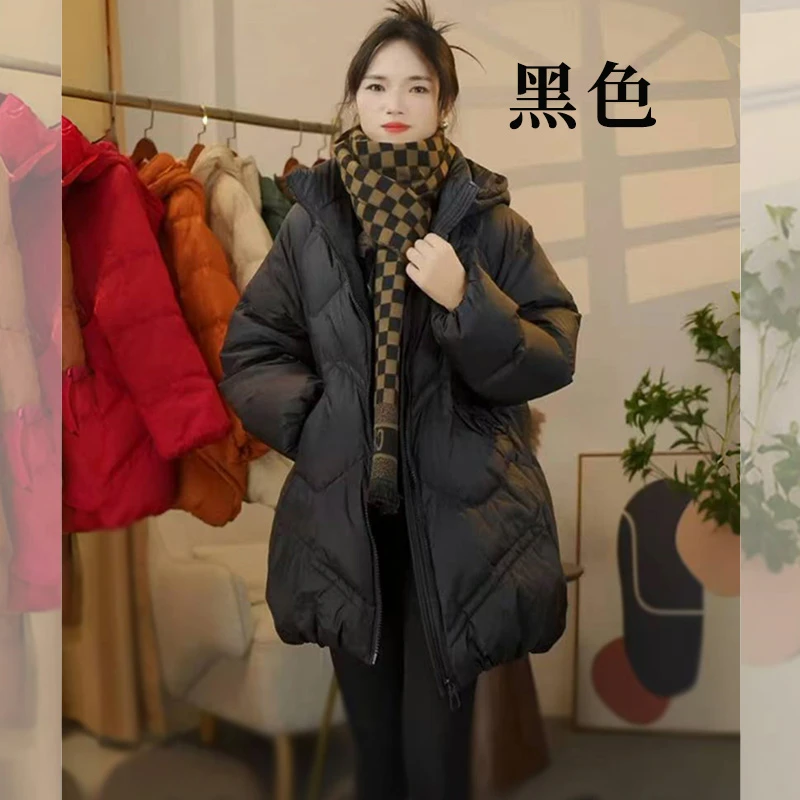 2025新款时尚中款保暖休闲黑色连帽宽松女士气质韩版百搭外套