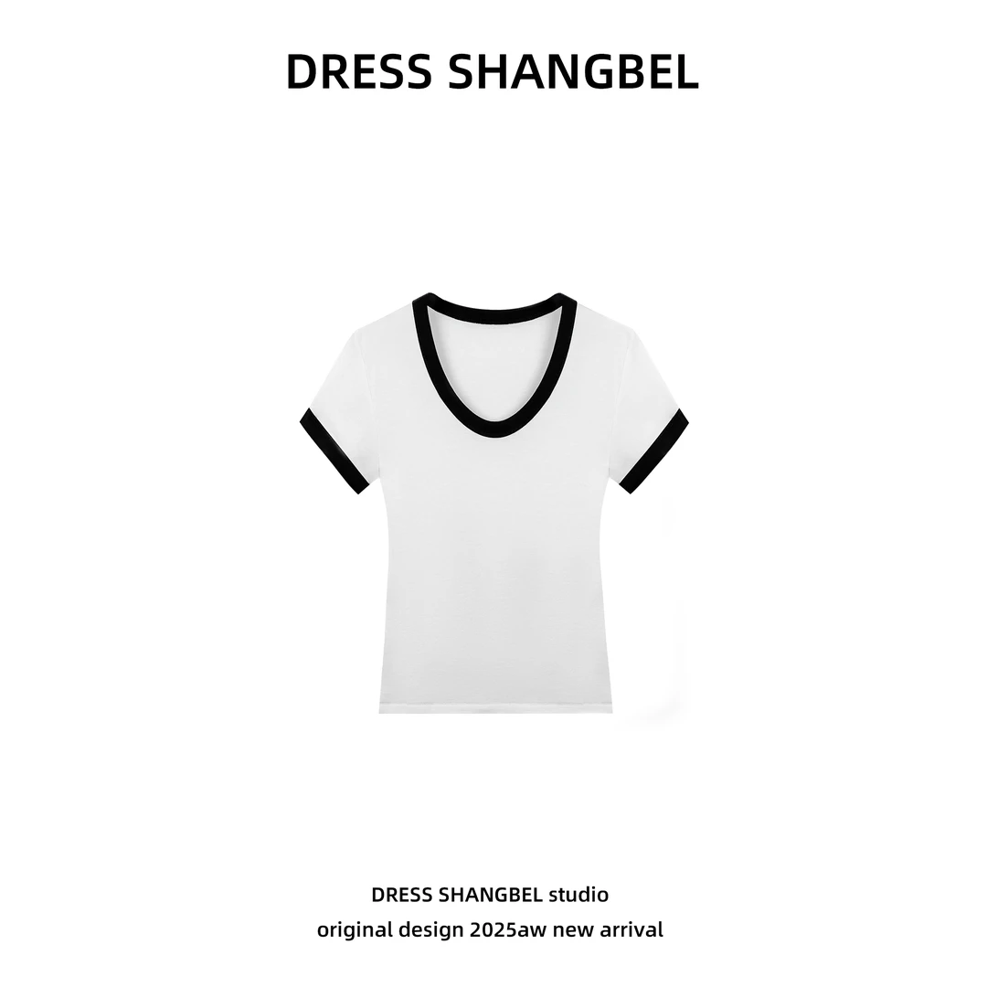 DRESS-2025新款C17夏季休闲高级感修身撞色短袖T恤5129