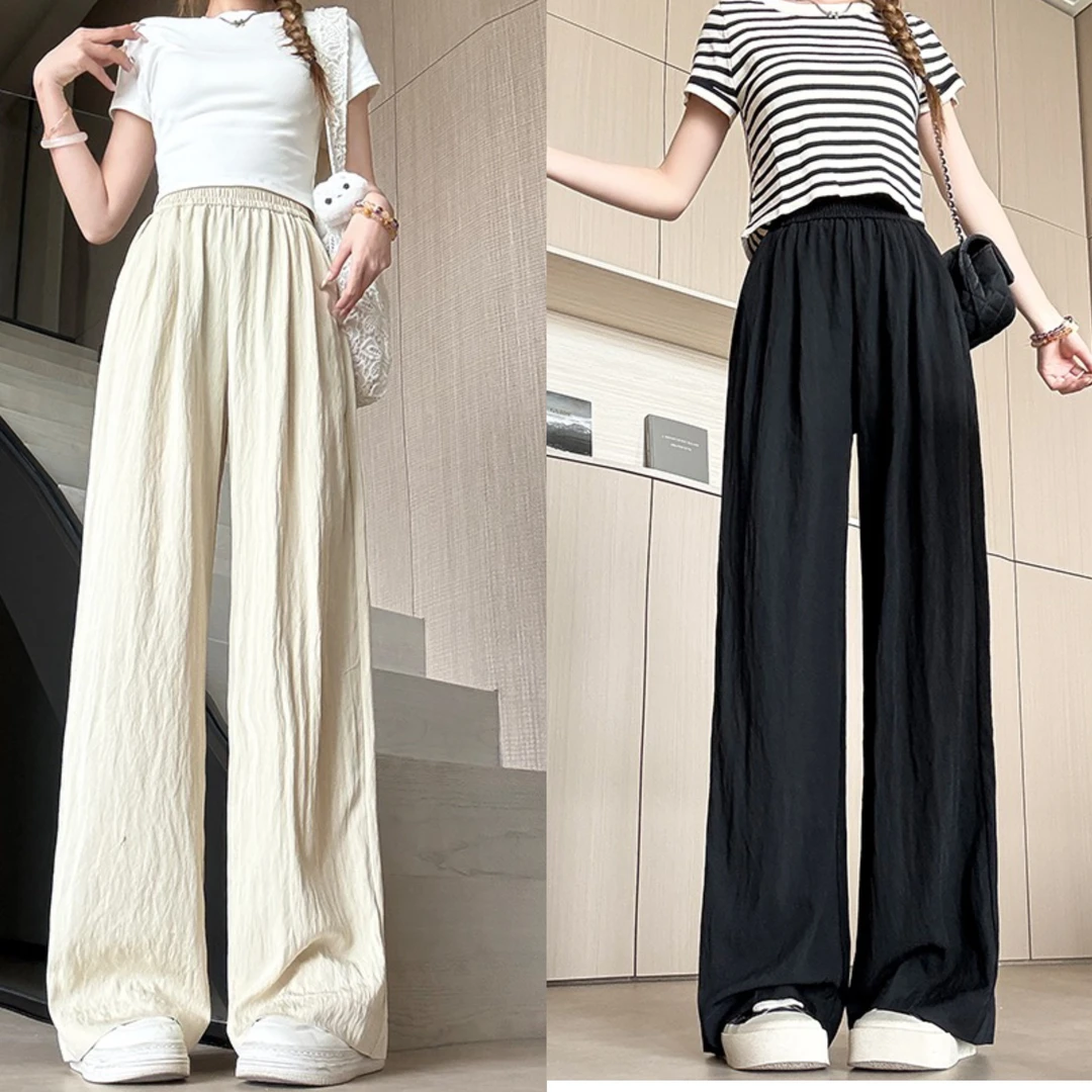 小个子夏季薄款肌理感冰丝休闲直筒阔腿裤663