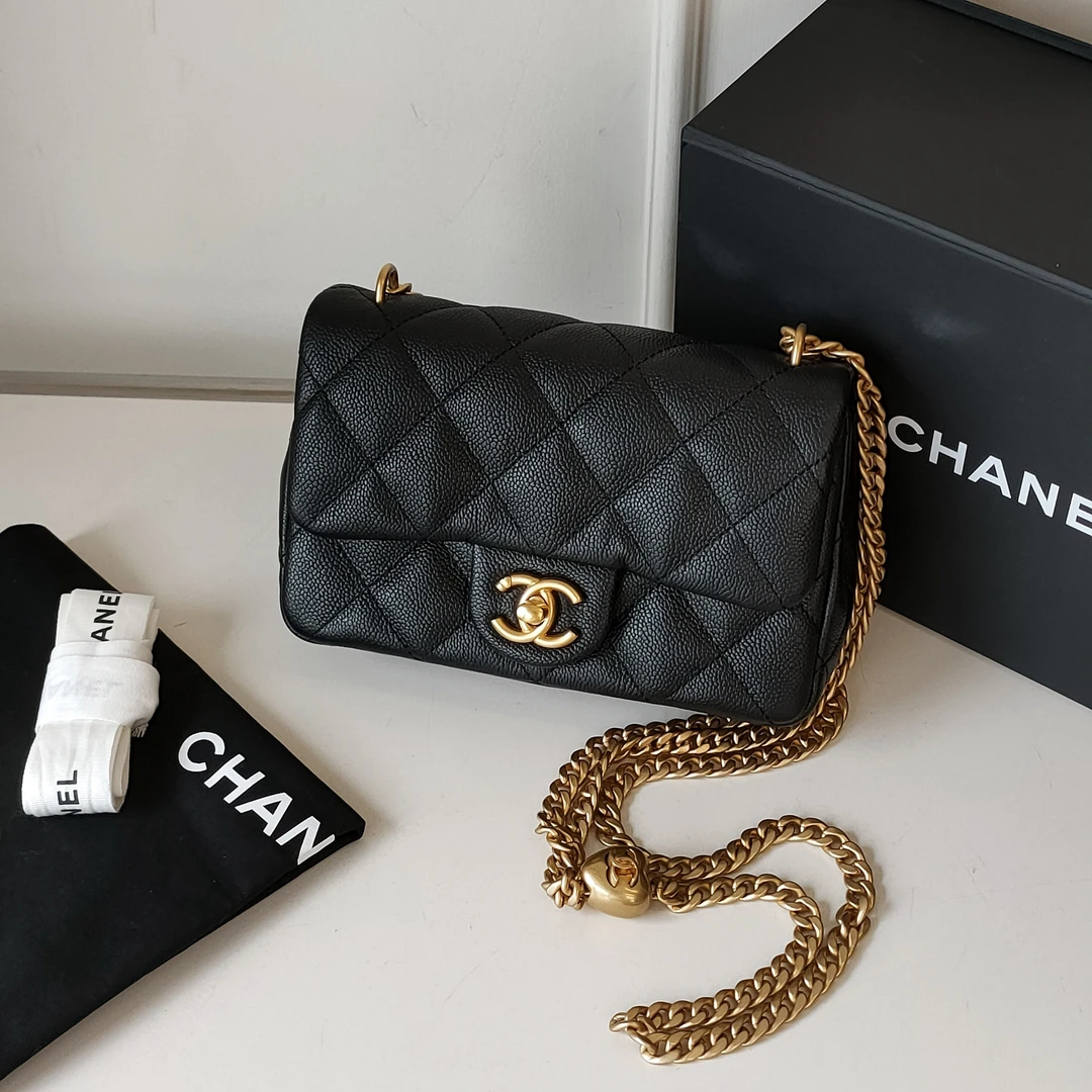 99新 Chanel/香奈儿 23P黑金荔枝CF大mini爱心调节链斜挎包 46938