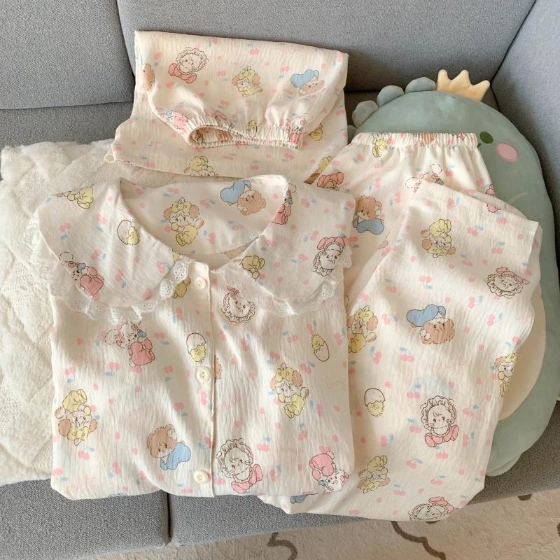 新款甜美可爱米库娃娃领睡衣女短袖三件套学生卡通家居服大码套装