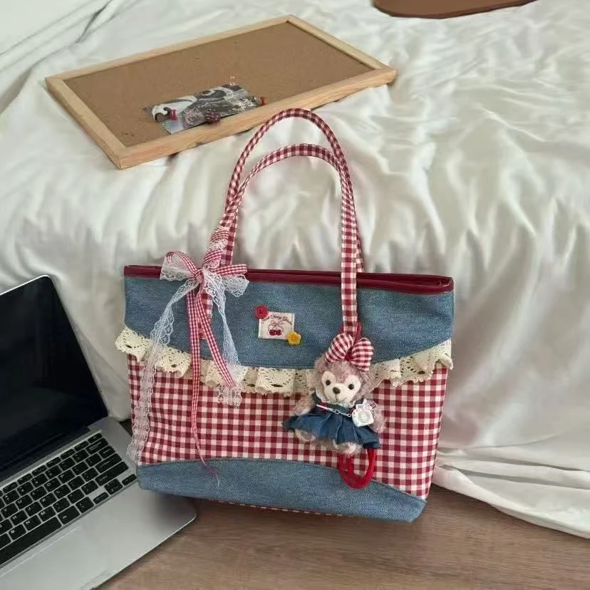 【阿芳专属】2025年新款托特包！小清新格纹牛仔花边单肩托特包