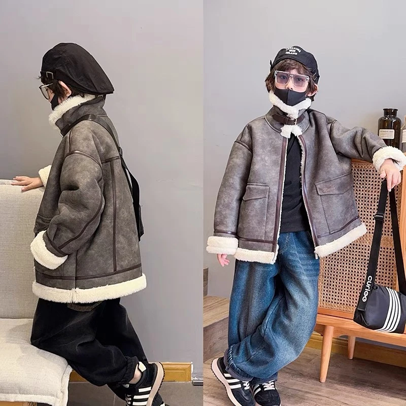 男童冬季加绒皮衣外套加厚机车新款2025韩版儿童时尚皮衣MCT028