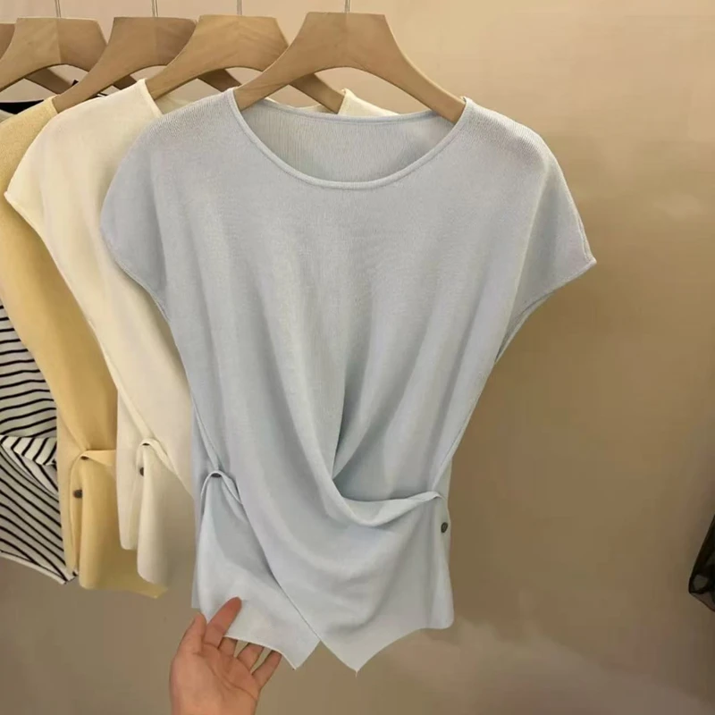 2025夏季新款法式不规则褶皱设计短袖针织衫修身显瘦田园风短款