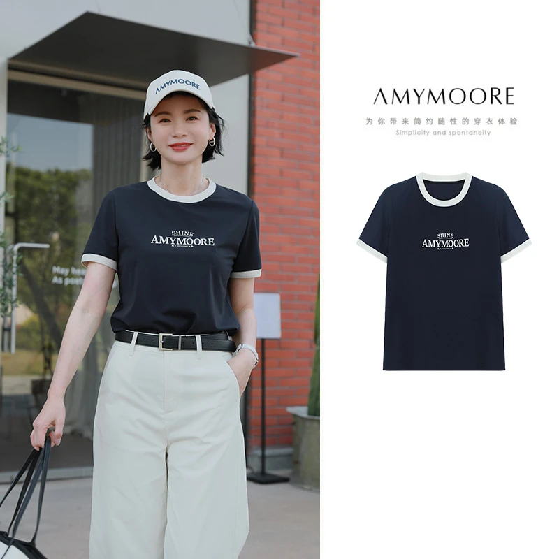 AMYMOORE艾莫尔女装2025年夏季T恤短袖藏青色薄款显瘦休闲321205