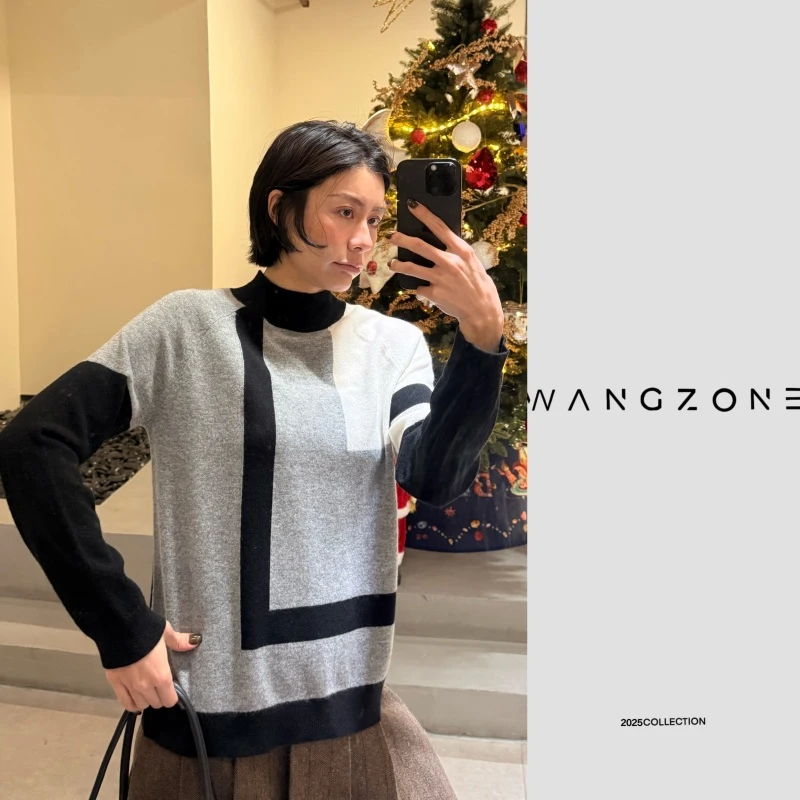 WANG ZONE | 【蒙德里安】艺术中古系列100山羊绒半高领几何撞色针