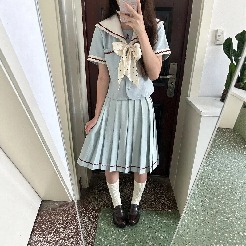 lulu小薄荷jk制服收腰水手服女薄荷蓝夏季日系学院风短袖套装