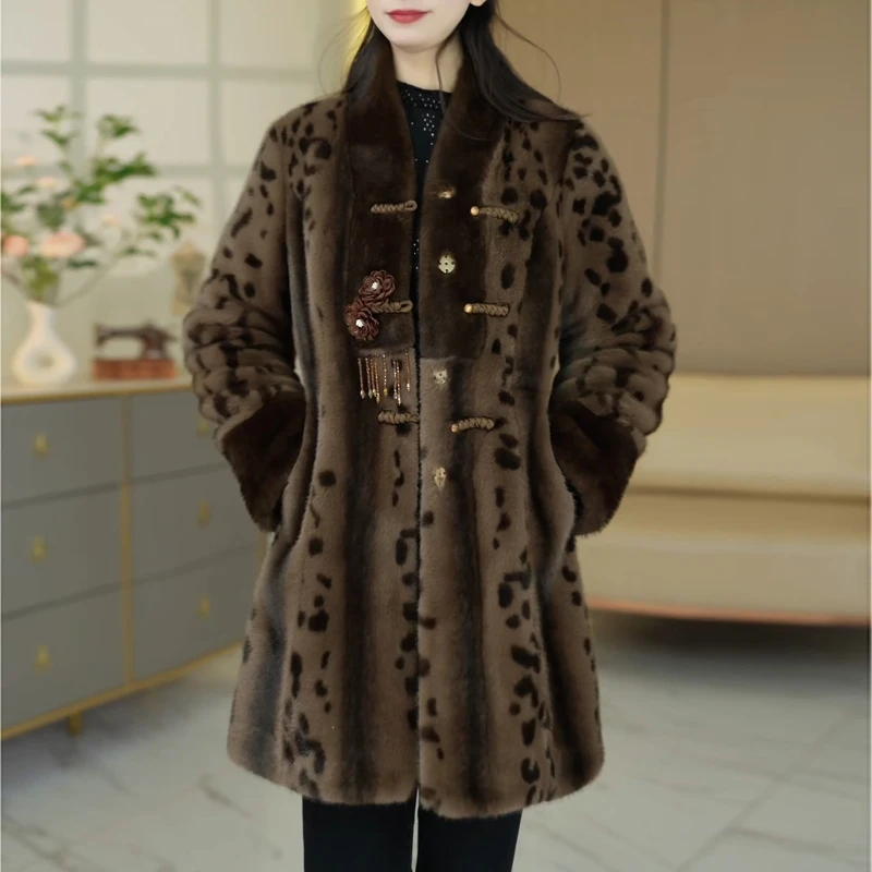 时尚豹纹重工加厚大衣外套冬季中式国风盘扣轻奢收腰显瘦气质上衣