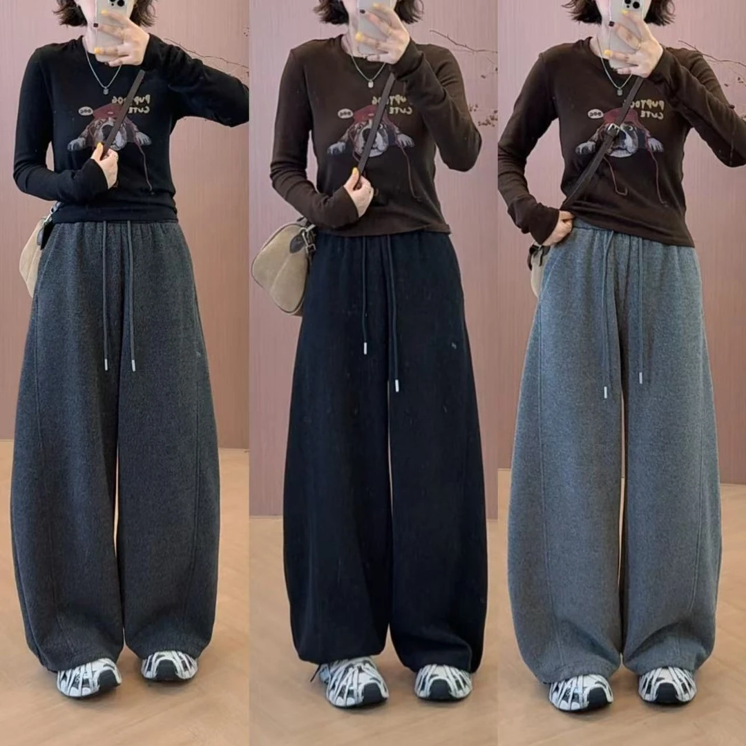 2025新款秋冬韩版新款显瘦羊毛保暖小弯刀裤高克重加绒阔腿裤子