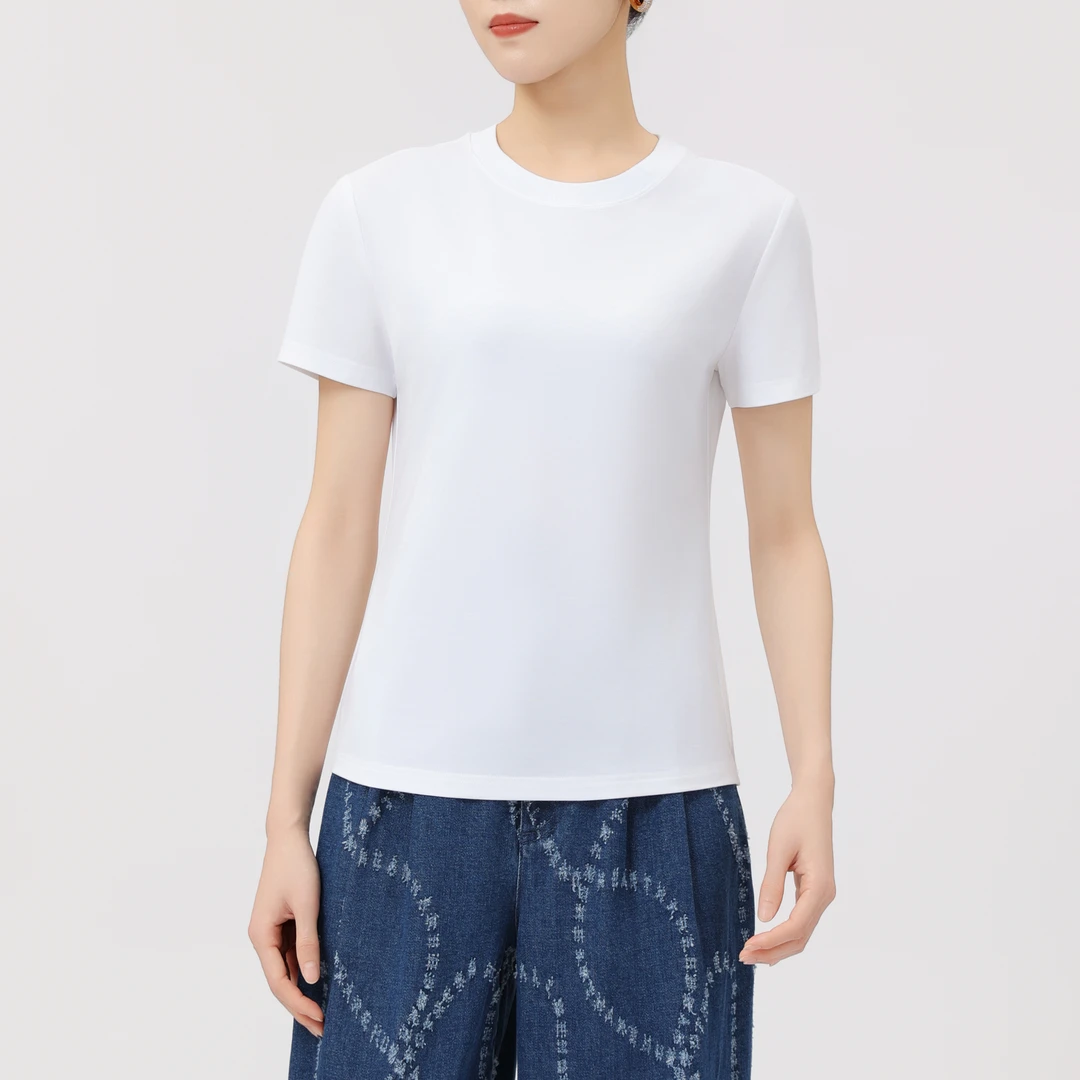 GIRDEAR/哥弟休闲百搭简约纯色圆领修身正肩短款短袖T恤1301048