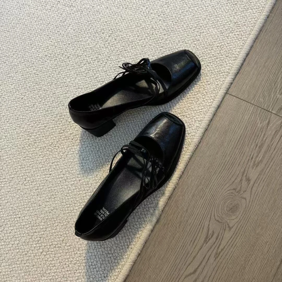 六也「温柔甜美」蝴蝶结粗跟浅口复古静音优雅通勤玛丽珍单鞋L872