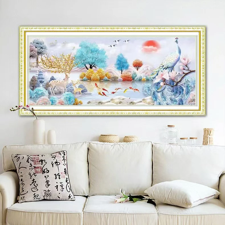 钻石画新款风景山水画孔雀麋鹿贴钻十字绣砖石秀
