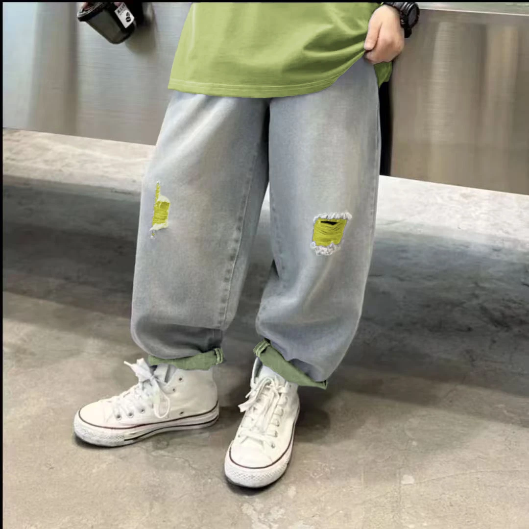 【时尚潮牌】2025新款中大童彩色洋气破洞休闲百搭牛仔裤00091