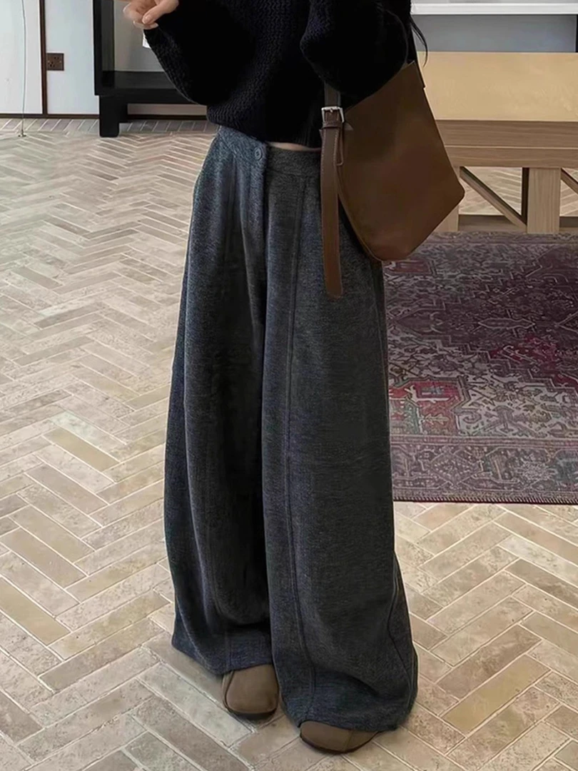 毛呢休闲裤女秋冬胖mm宽松显瘦慵懒松弛感拖地阔腿弯刀裤