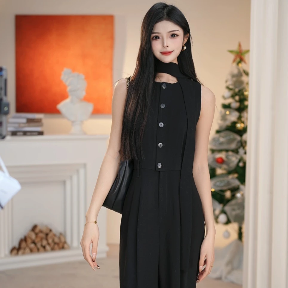 AMASS/阿玛施直筒品质女装通勤气质圆领无袖高腰宽松连体裤510012