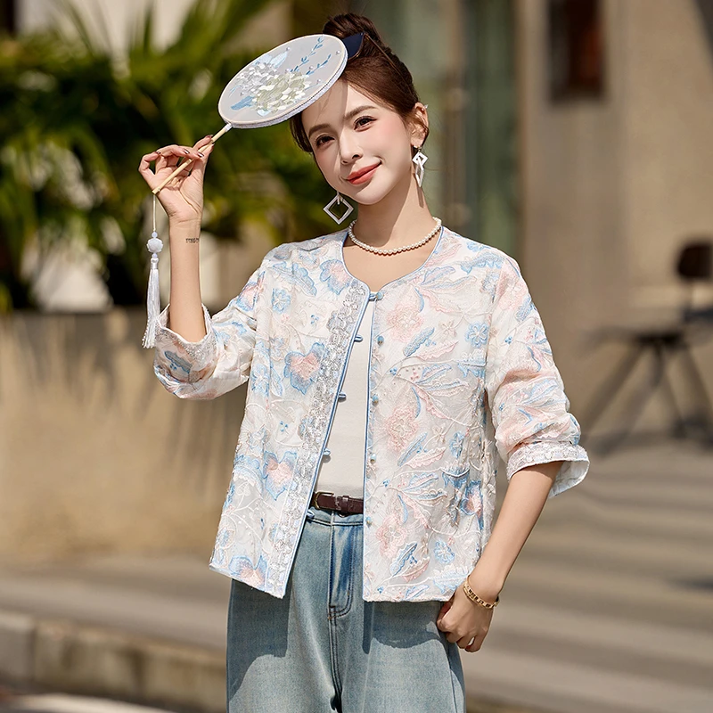 中式国风短外套2025春游出行洋气衣服女新款时尚刺绣亮片宽松上衣