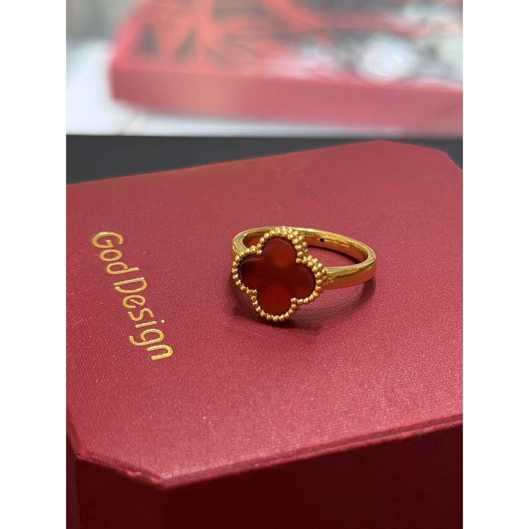 【小洁专属】18k金红玛瑙四叶戒指 豪华时尚气质