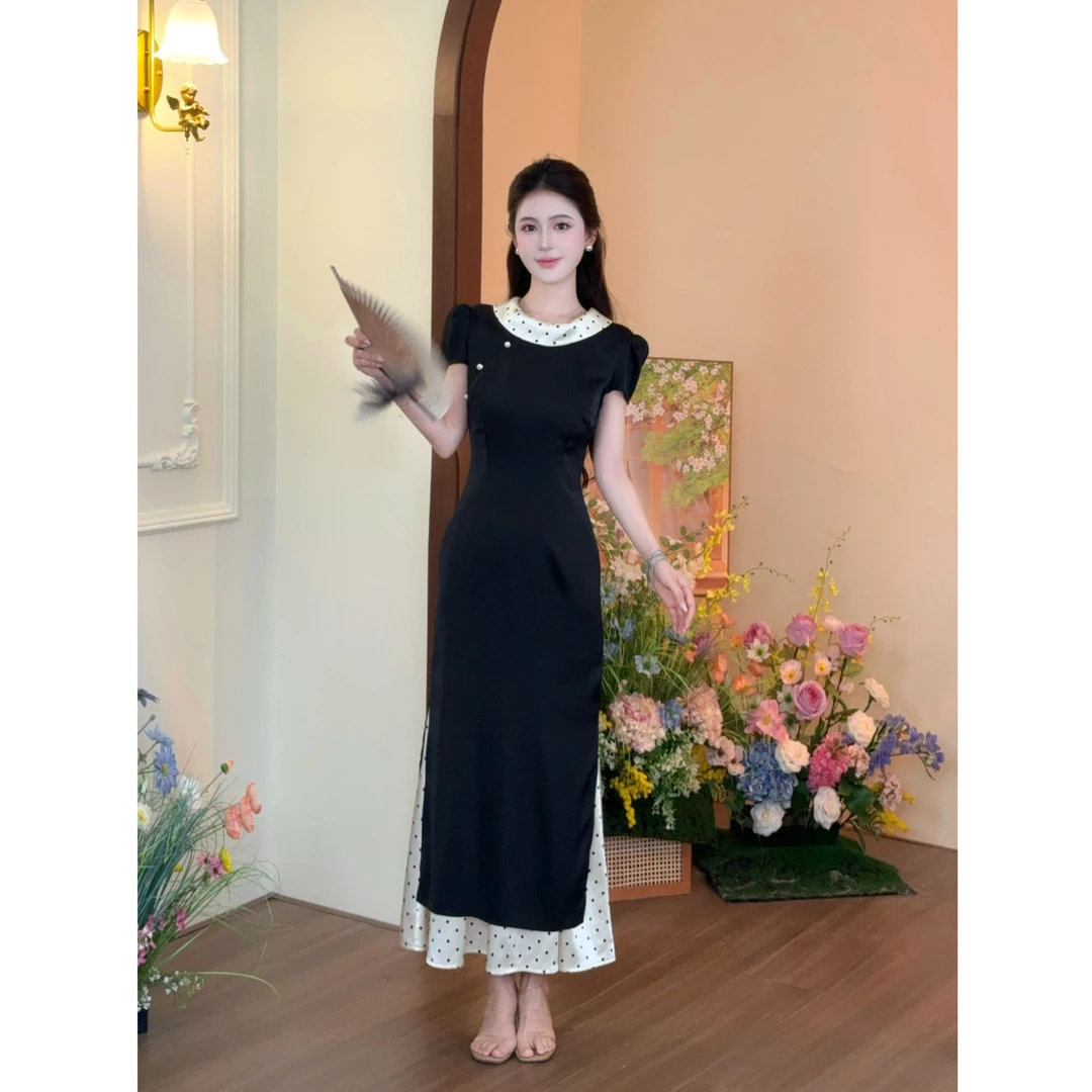 【沉香】LiLi新中式改良复古假两件黑色波点连衣裙长裙裙子XMZH6655