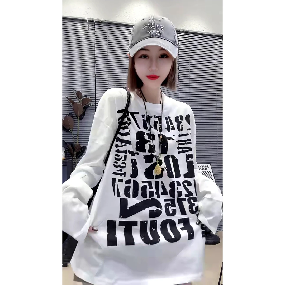 欧货潮流百搭字母数字印花长袖T恤宽松大版上衣女