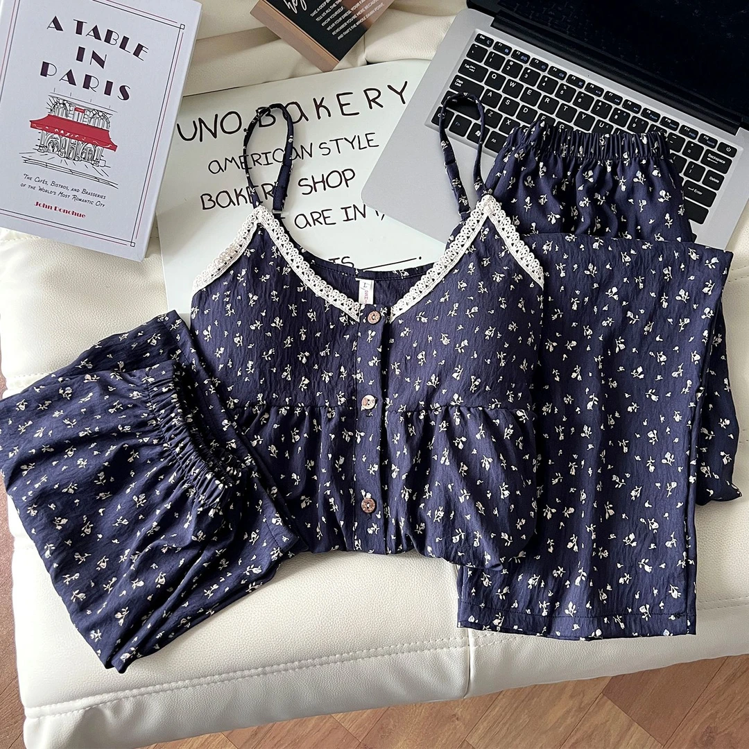 夏季亲肤新款云朵棉三件套吊带带胸垫甜美舒适可爱女款家居服套装