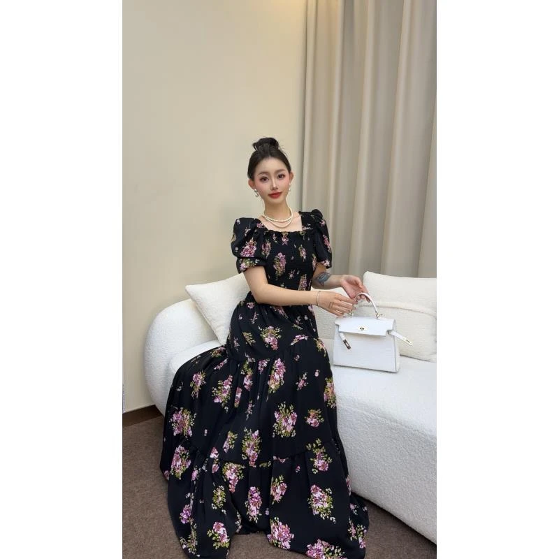 【824】新款气质显瘦收腰泡泡袖一字肩印花碎花夏季连衣裙裙子长裙