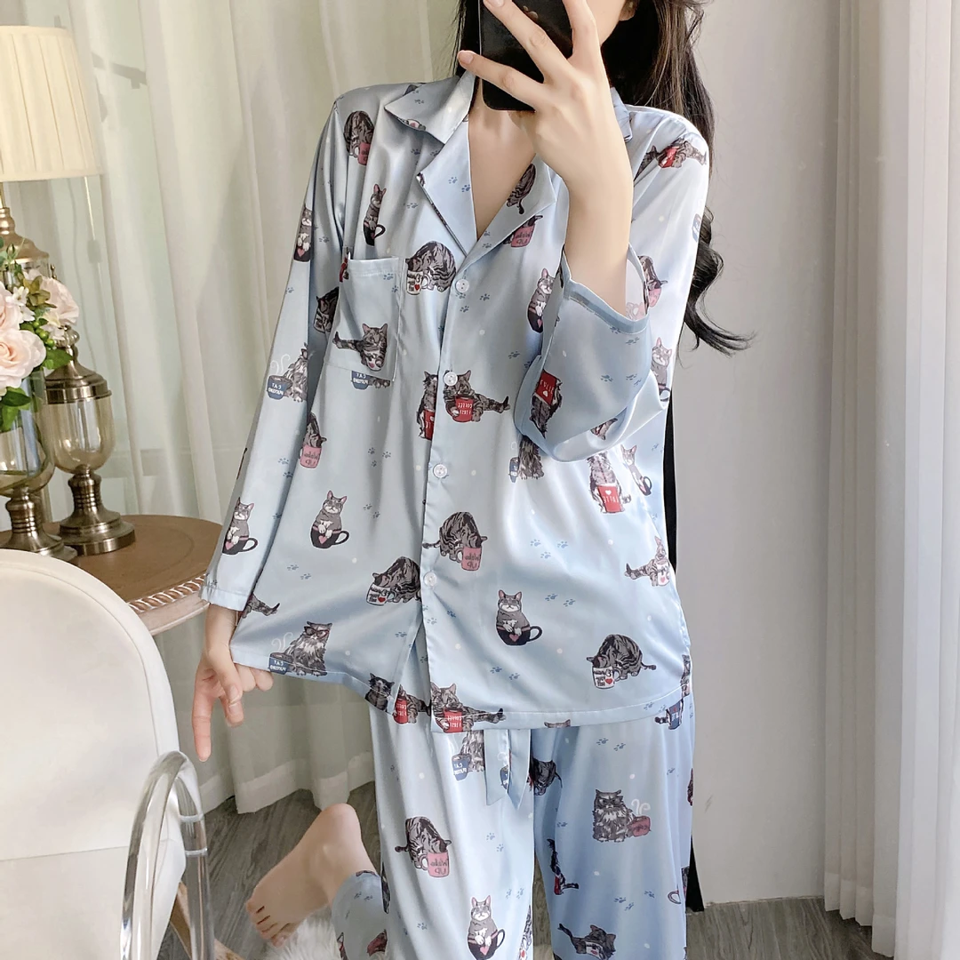 【猫猫】2025春季新品高定网红女款睡衣动物印花凉感宽松长袖家居服