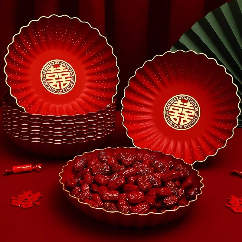 结婚果盘客厅喜糖盘子婚礼零食盘红色干果盘茶几轻奢家用水果盘