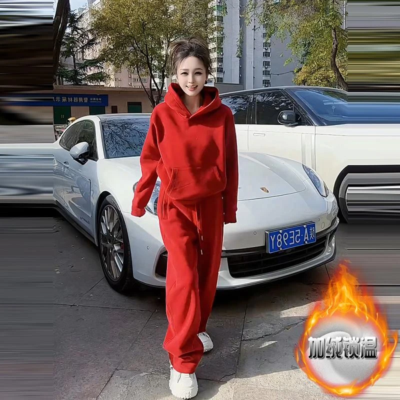韩系加绒保暖套装女2025冬季新款连帽长袖卫衣高腰直筒裤两件套潮