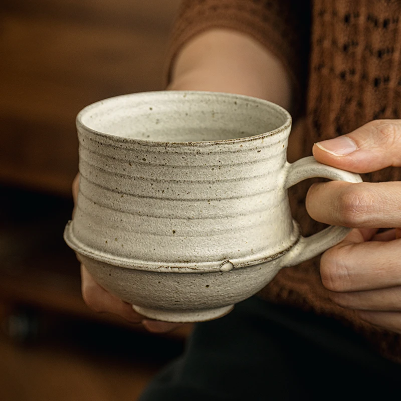小悠家〖侘寂手作螺纹杯〗复古粗陶拿铁杯挂耳咖啡杯子日式马克杯
