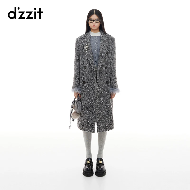 【专属】dzzit地素毛呢大衣冬季摩登胸针设计粗花呢长款外套女3I4G3