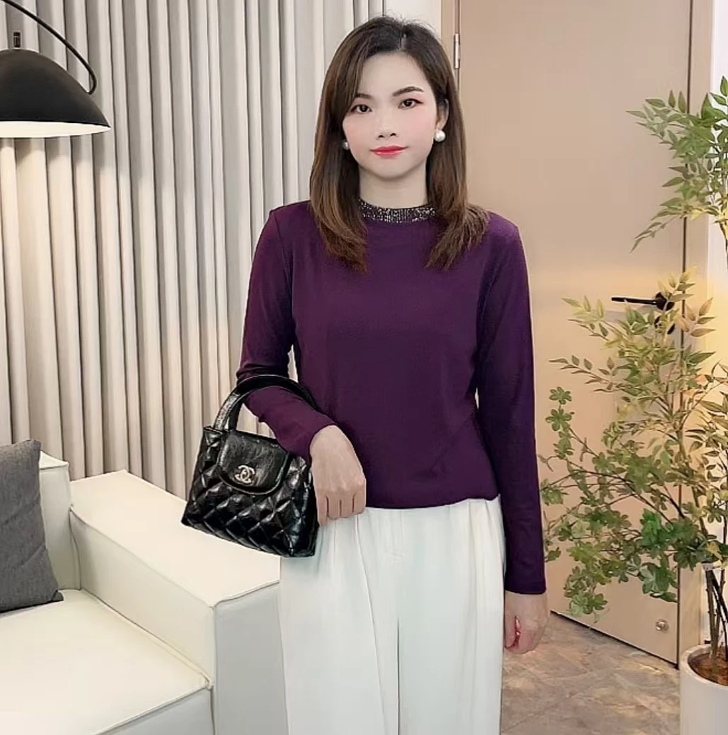 秋季新款气质半高领烫钻打底衫女士休闲修身显瘦时尚百搭长袖T恤