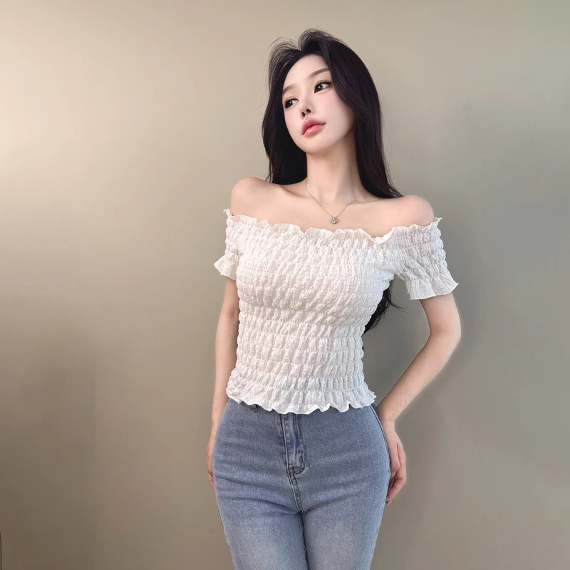 白色一字肩夏季套头款短款针织衫纯色露肩设计感小众褶皱修身显瘦