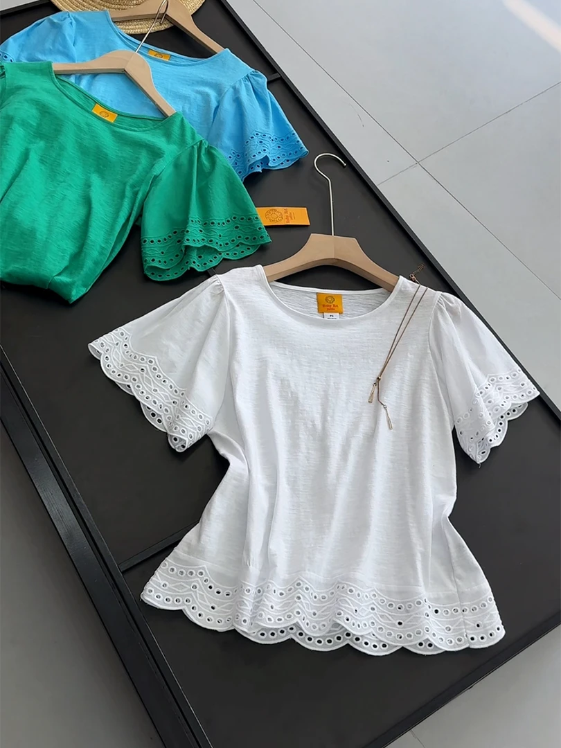 舒适简约白色宽松蕾丝拼接镂空休闲百搭圆领T恤时尚女装上衣