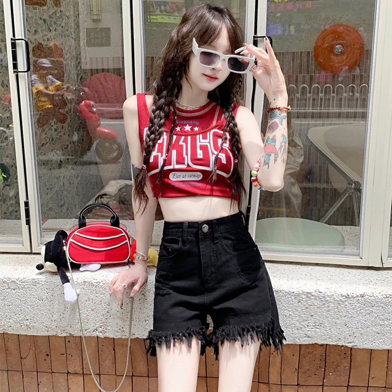 2025夏装清凉做旧重工辣妹破洞毛边宽松显瘦磨烂高腰女春字热牛仔