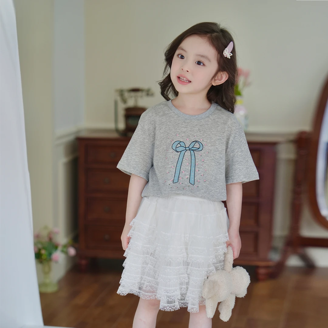 现货【蓝色蝴蝶结T】3886夏装女童宽松百搭短袖休闲洋气女宝韩版T恤