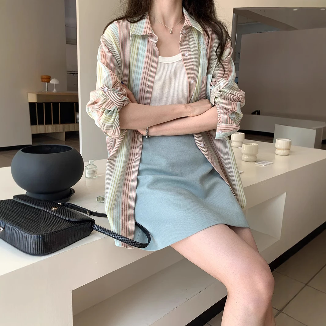 条纹长袖防晒衬衫女春夏新款韩版慵懒宽松显瘦薄款开衫衬衣上衣