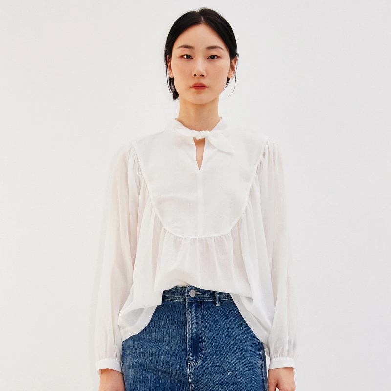 小虫全棉宫廷风清新减龄娃娃摆领带灯笼袖白衬衫TE3XSY026