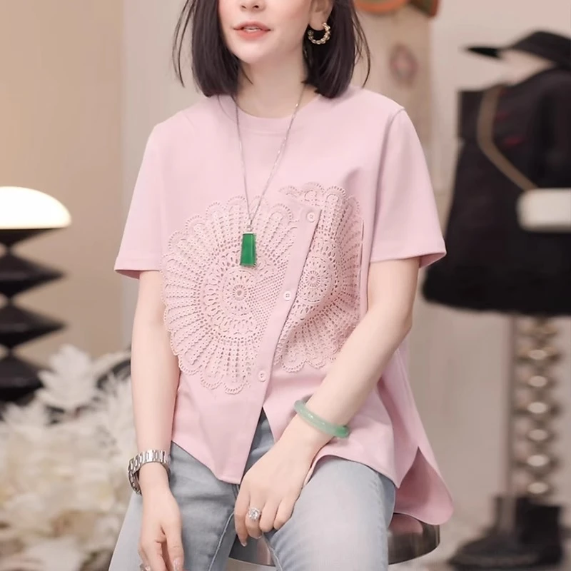 粉色短袖t恤女士2025夏季新款洋气减龄宽松显瘦设计感不规则上衣