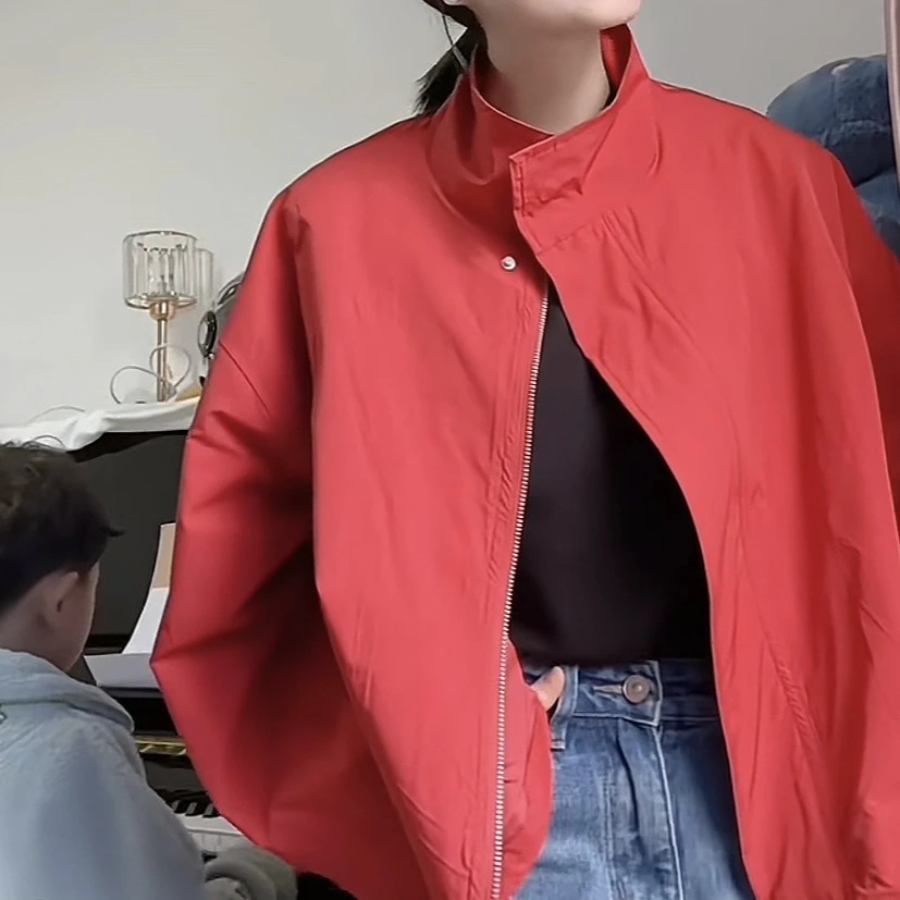 欧货立领红色外套