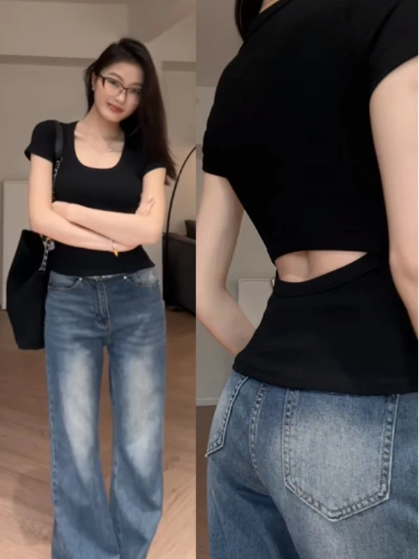 大码胖妹妹甜辣镂空小众设计露背上衣辣妹女夏季别致显瘦正肩T恤